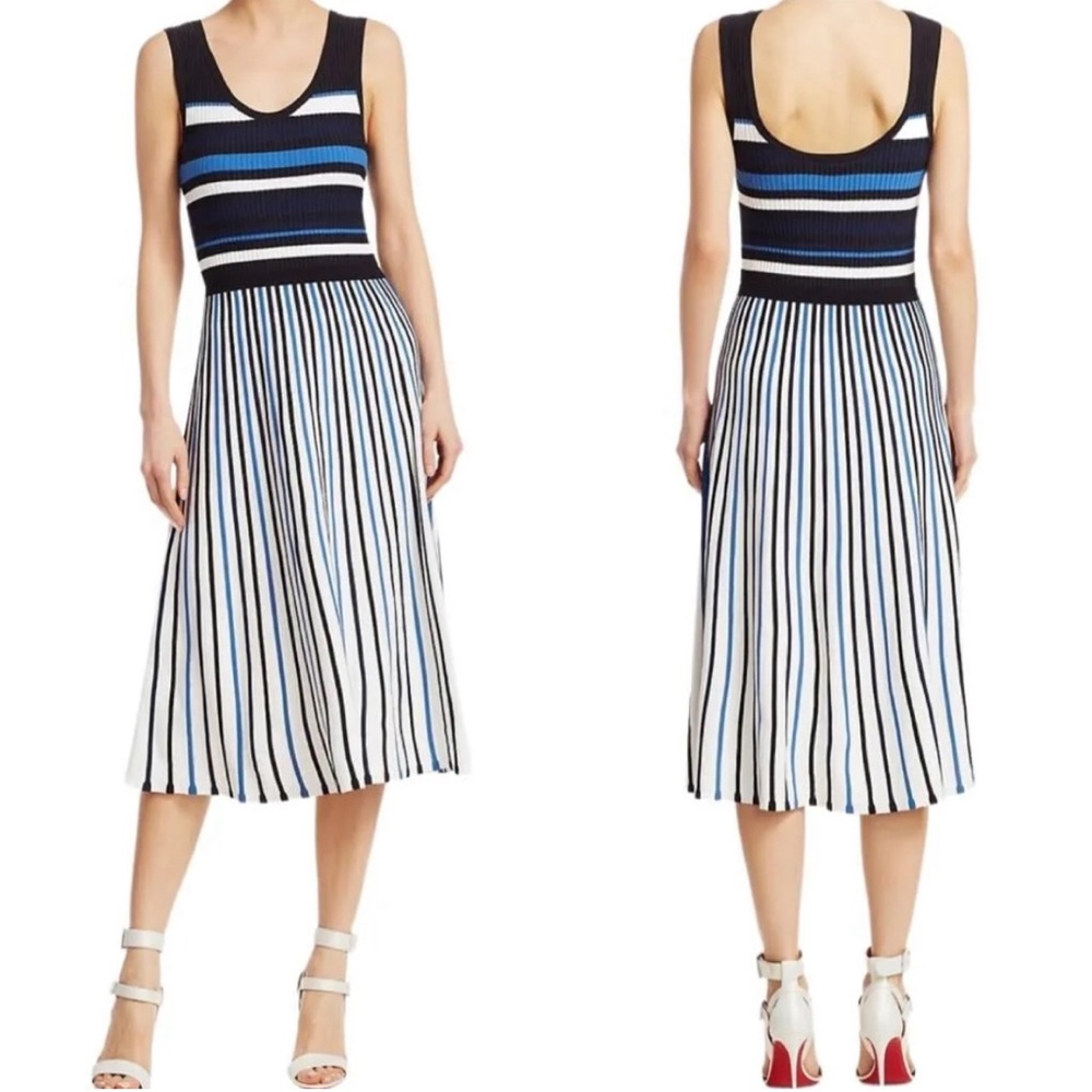 Tanya Taylor Black, Blue & White Striped Knit Midi Dress